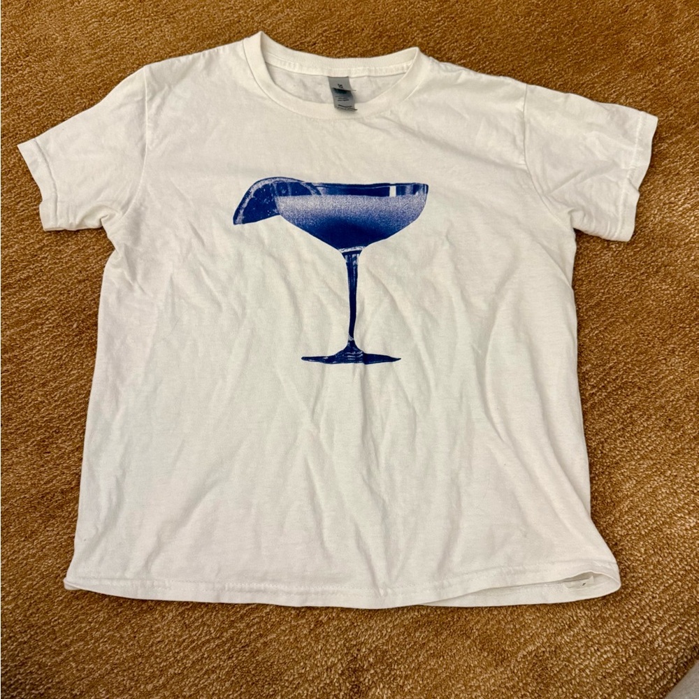 White Graphic T-Shirt with Blue Cocktail Print